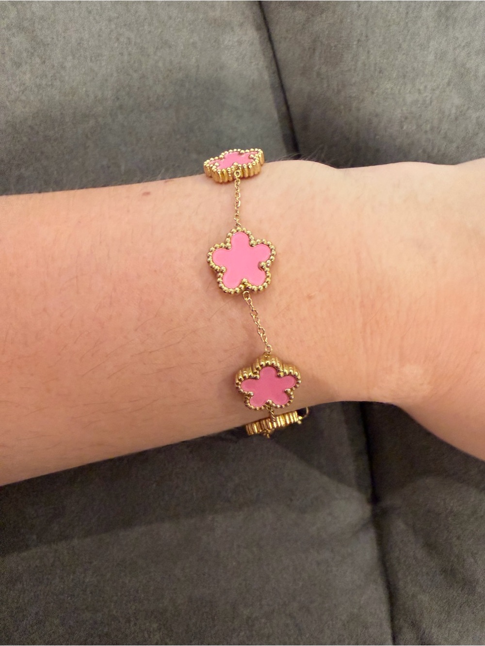 Gold-Tone Pink Four-Leaf Floral Link Bracelet
